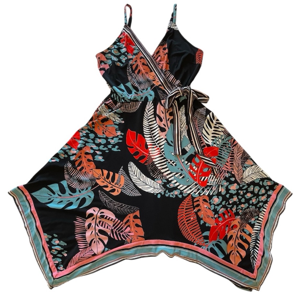 ECI Coral and Black Leaf Pattern Dress Sz M
